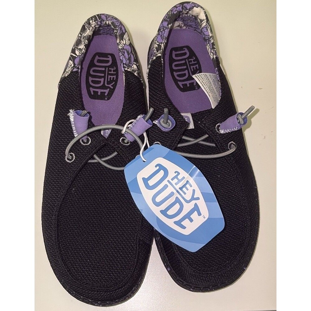 Women's HeyDude Wendy Rose Skull - Black/Purple NWT Size US 7 Slip Ons Comfort